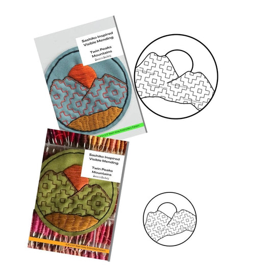 Two packages of 'Sashiko Inspired Visible Mending' with mountain designs on a white background.
