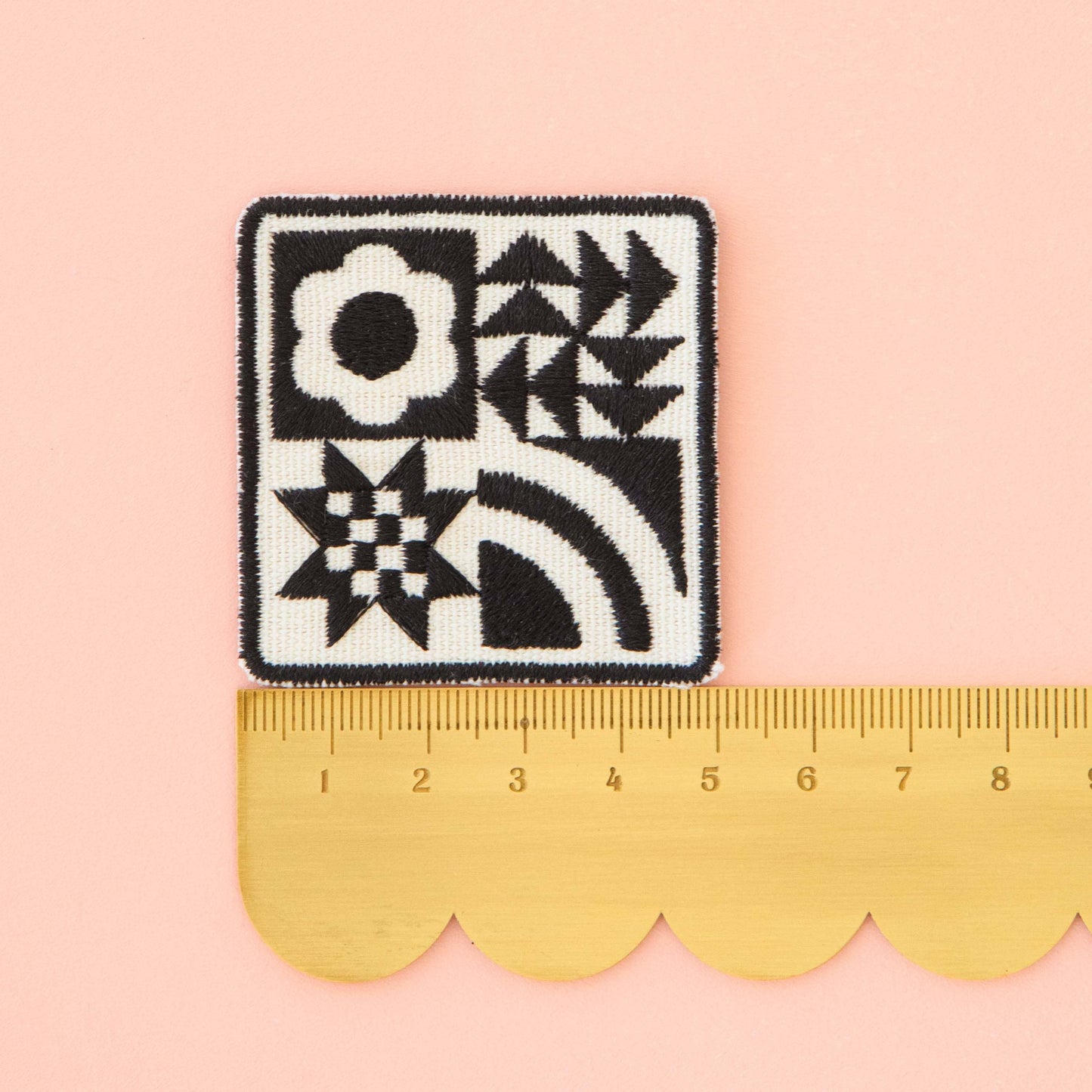 Notions: Sarah Hearts Woven Black Quilt Block Iron-On Patch- 1 pack