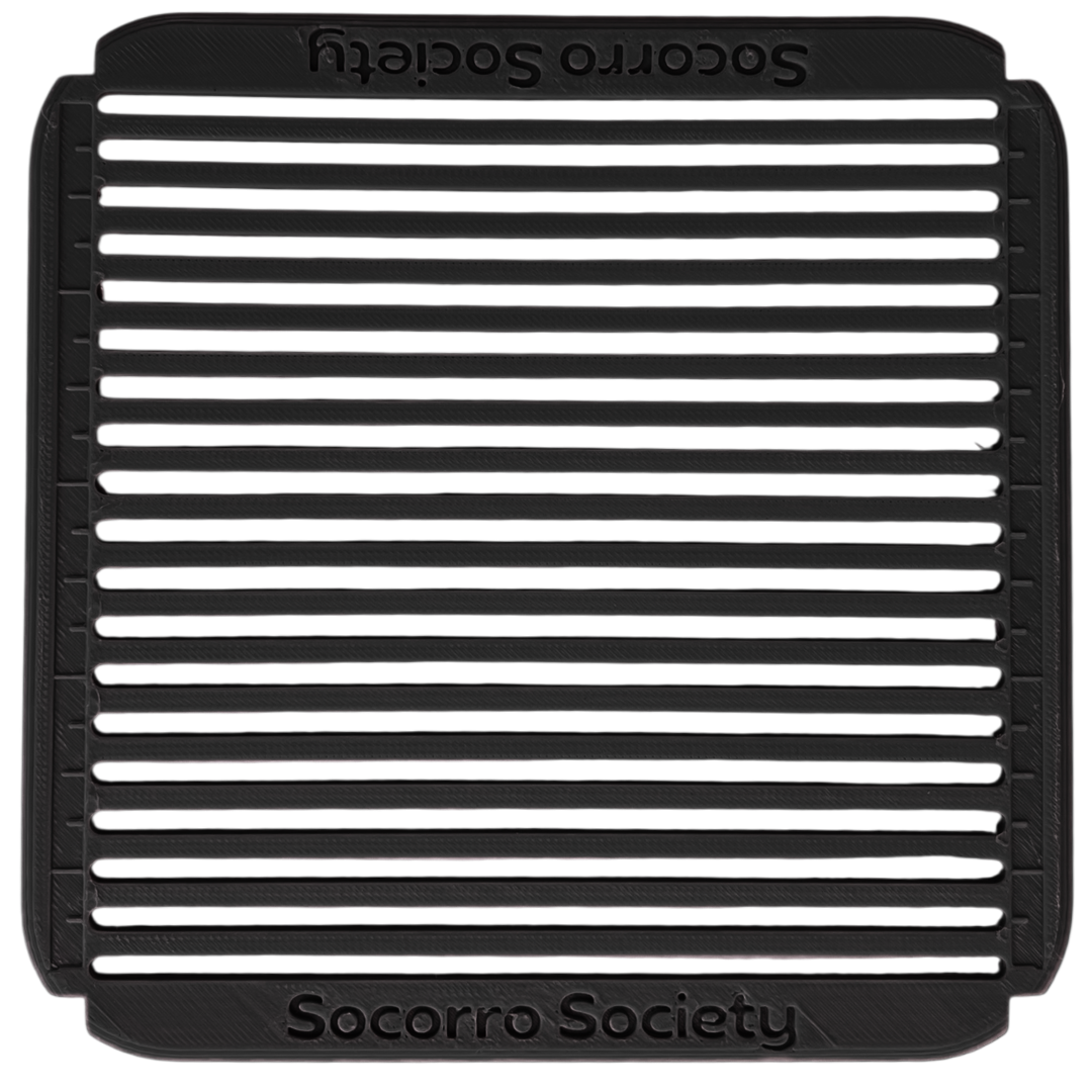Black and white striped mat with 'Socorro Society' branding on a white background