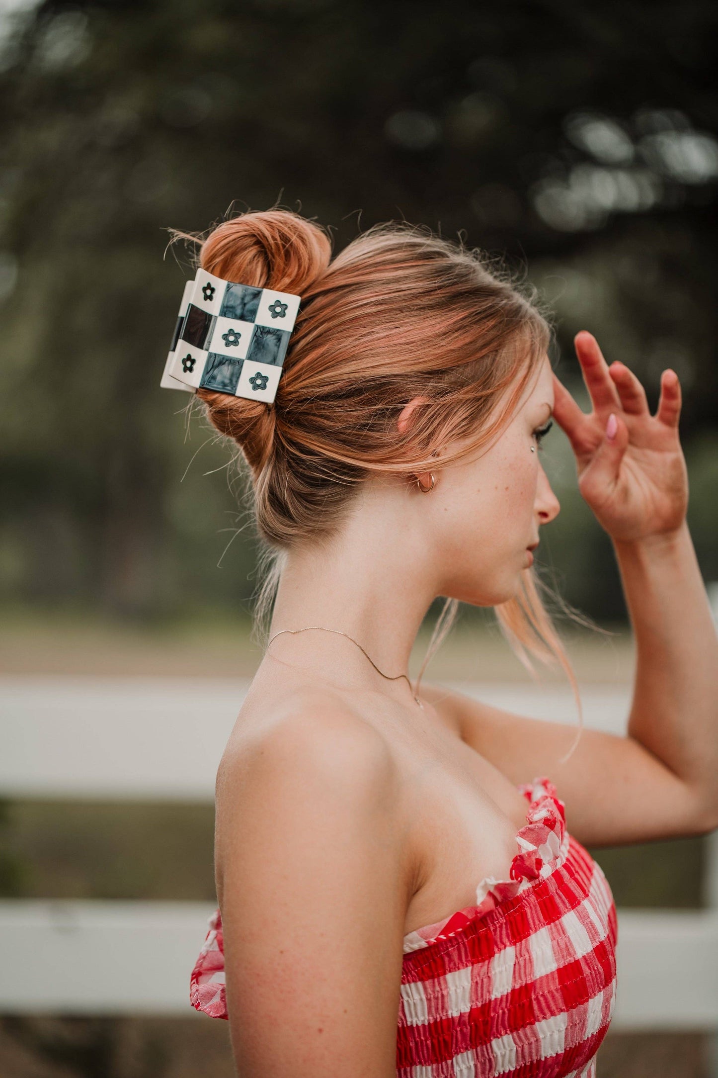 Hair Accessories :Daisy Patchwork Claw: Large Black Clip-1