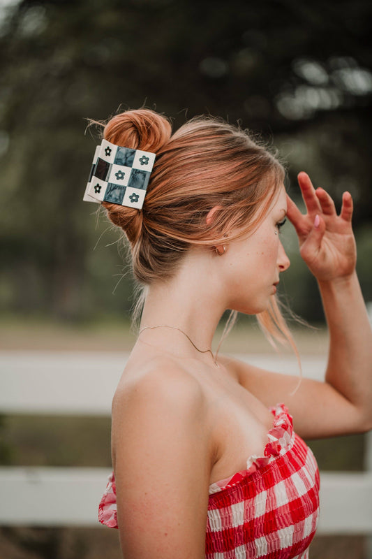 Hair Accessories :Daisy Patchwork Claw: Large Black Clip-1