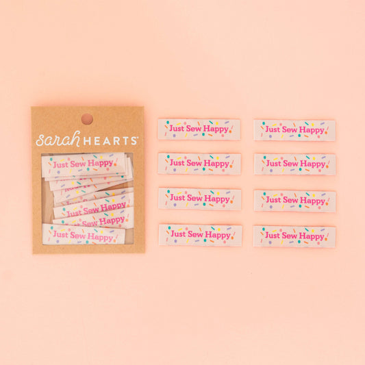 Notions: Sarah Hearts Label Just Sew Happy - Sewing Woven Clothing Label Tags -1 pack