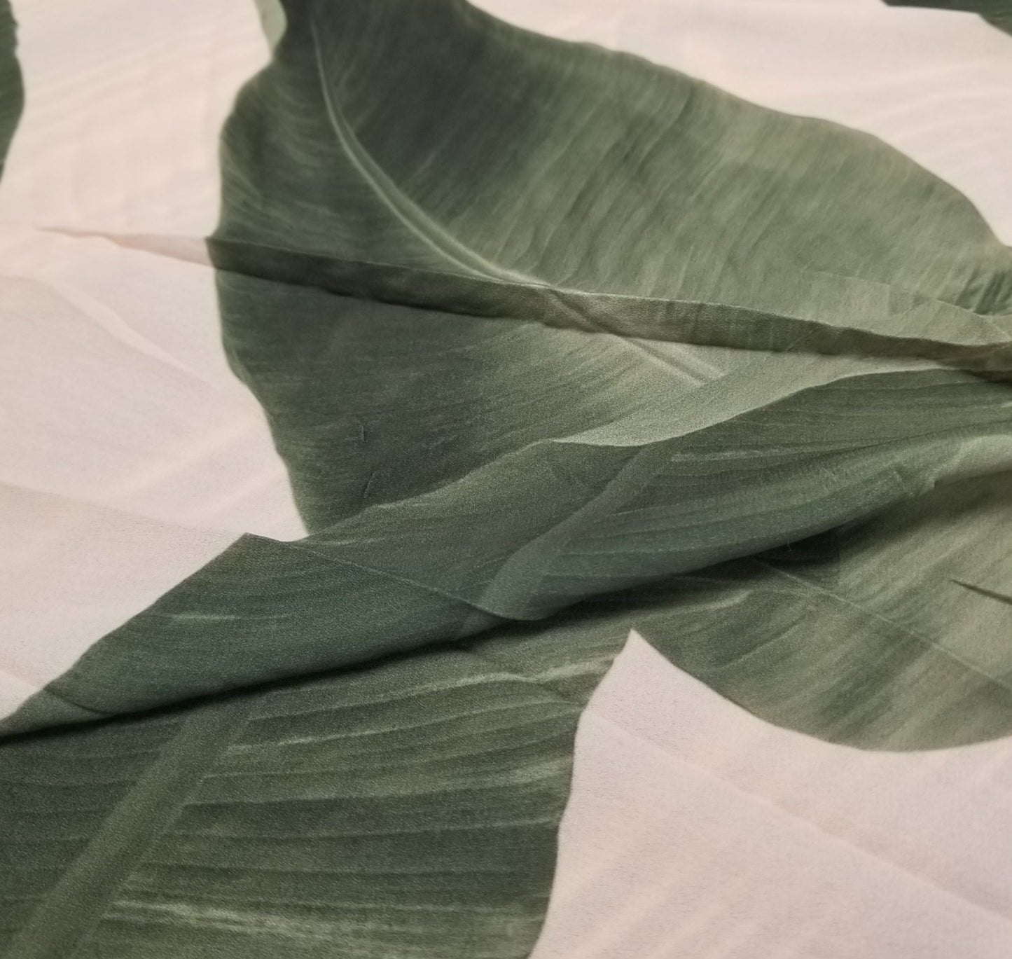 End of Bolt: 7/8th yards of Deadstock Baby Pink and Large Scale Green Foliage Leaves Crepe De Chine Blousewear Woven- remnant