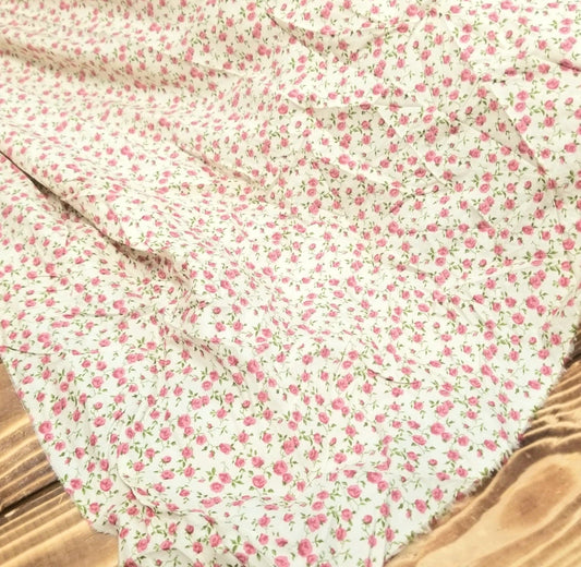 Designer Deadstock Cottage Core Coral Rose and Cream Cotton Spandex Stretch Poplin Woven- Sold by the yard