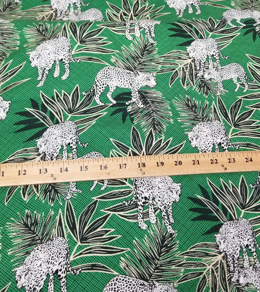 End of Bolt: 1-1/4th yard of Designer Deadstock Green, Khaki, and Navy Foliage with Cheetahs Rayon Challis Woven- remnant