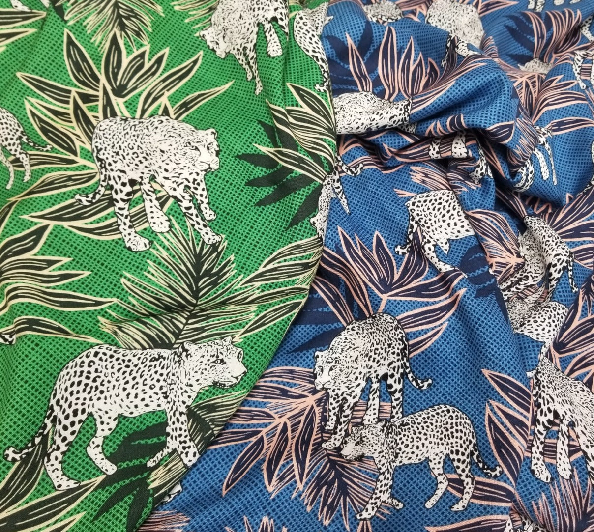 End of Bolt: 1-1/4th yard of Designer Deadstock Green, Khaki, and Navy Foliage with Cheetahs Rayon Challis Woven- remnant