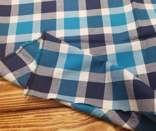 Designer Deadstock Yarn Dyed Single Brushed Flannel Glendora Blue Check Plaid Shirting Cotton Woven-Sold by the yard
