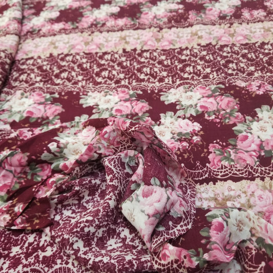 End of Bolt: 3.5 yards of Fashion Black Burgundy Fall Horizontal Stripe with Florals Rayon Challis Woven-remnant