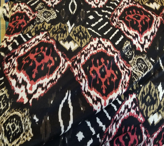 End of Bolt: 1-3/4th yards of Designer Deadstock Silk Jersey Bohemian Abstract Black and Ivory Printed Knit-remnant
