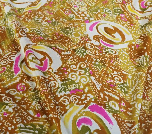 End of Bolt: 2.5 yards of Designer Deadstock Silk Jersey Bohemian Mustard and Pink Posies Printed Knit-remnant