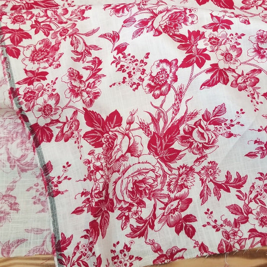 End of Bolt: 2-5/8th yards of Designer Deadstock Red and White Cottage Cross-Hatch Floral Cotton Linen Woven-remnant
