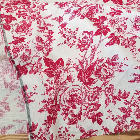 End of Bolt: 4.5 yards of Designer Deadstock Red and White Cottage Cross-Hatch Floral Cotton Linen Woven-remnant