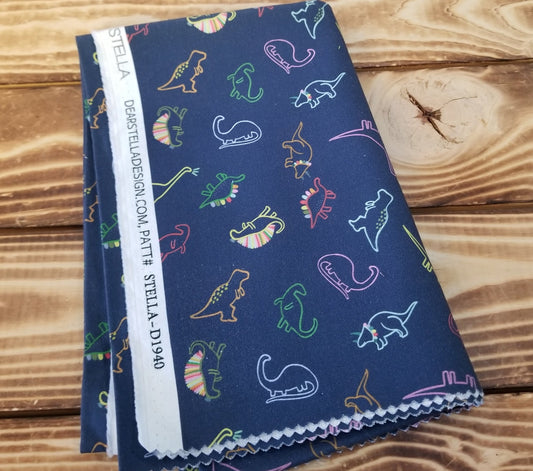End of Bolt 1 yard case pack: 1 piece of Quilting Cotton Dear Stella Navy Dinos (1 yard cuts)- As pictured