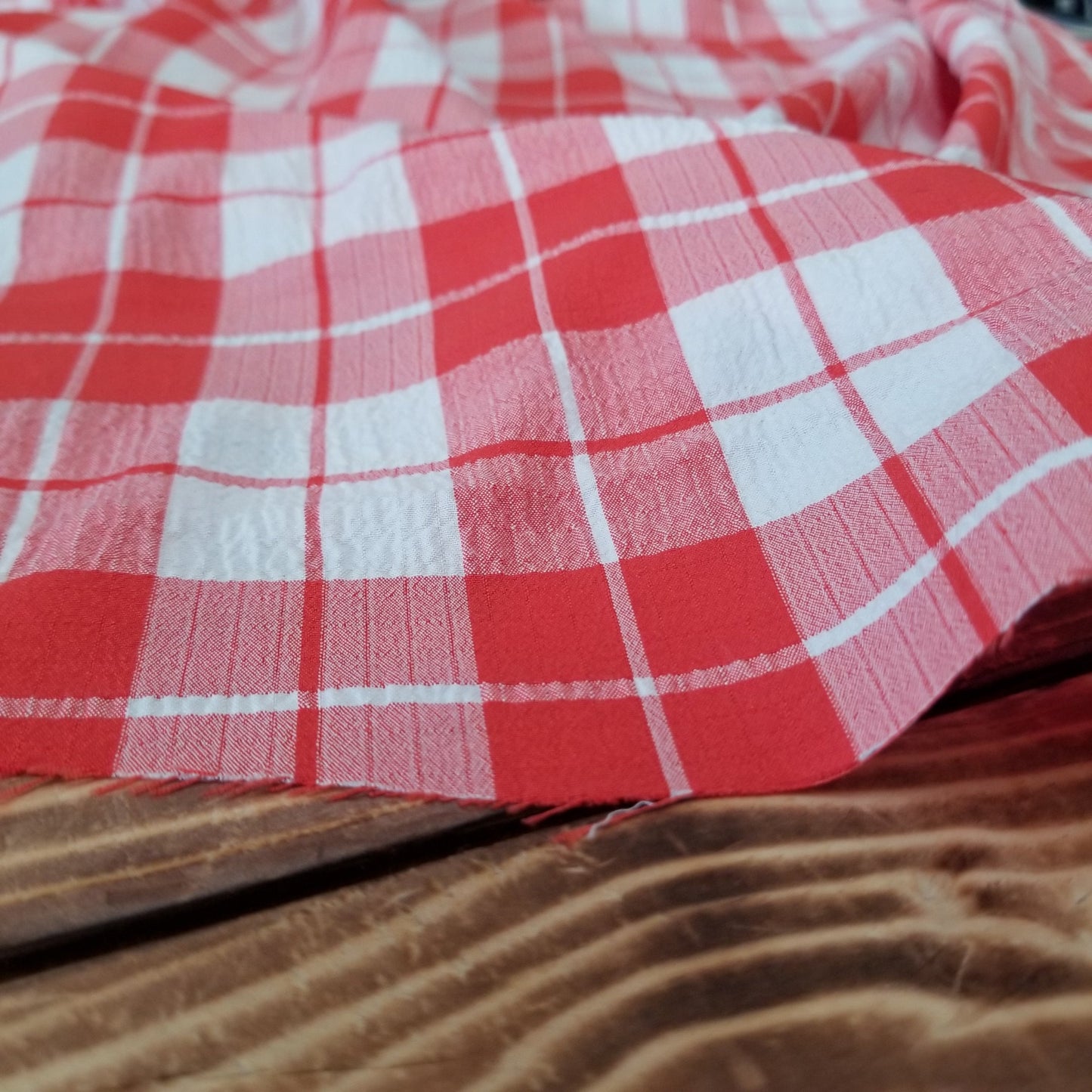 LA Finch 5 yard precuts: 5 yards of Designer Deadstock Apple Red Picnic Gingham White Textured Seersucker Poly Rayon Spandex Woven