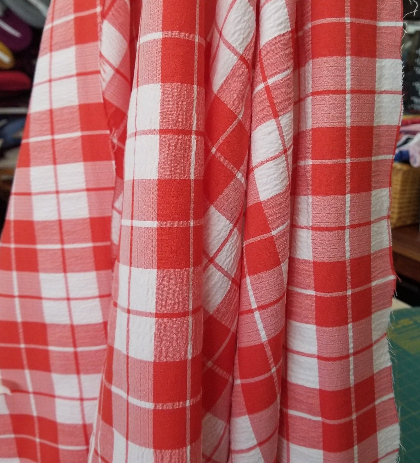 LA Finch 5 yard precuts: 5 yards of Designer Deadstock Apple Red Picnic Gingham White Textured Seersucker Poly Rayon Spandex Woven