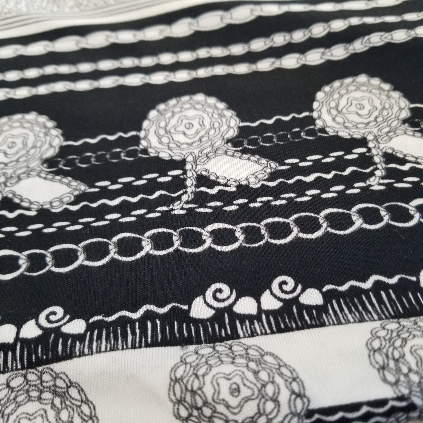 End of Bolt: 4-3/8th yards of Designer Deadstock Silk Jersey Bohemian Black and Ivory Stripes Print Knit-remnant