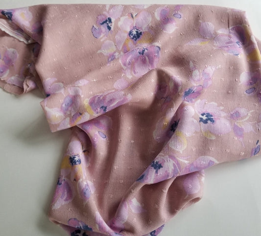 Designer Deadstock  Floral Pink and Lilac Rayon Crinkle Swiss Dot Woven-by the yard