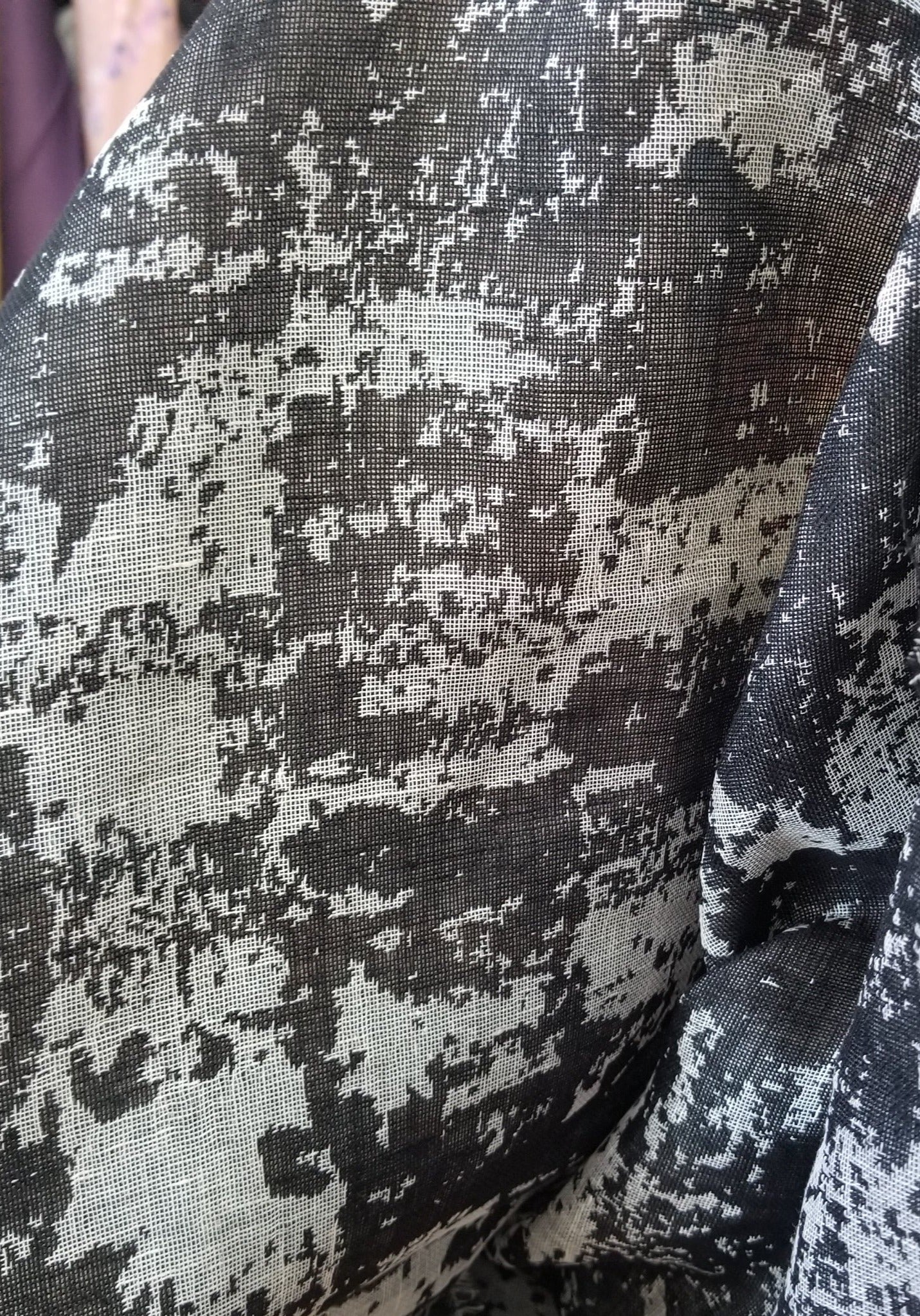 Designer Deadstock Linen Grunge Double Gauze Jacquard Black and Gray Woven- by the yard