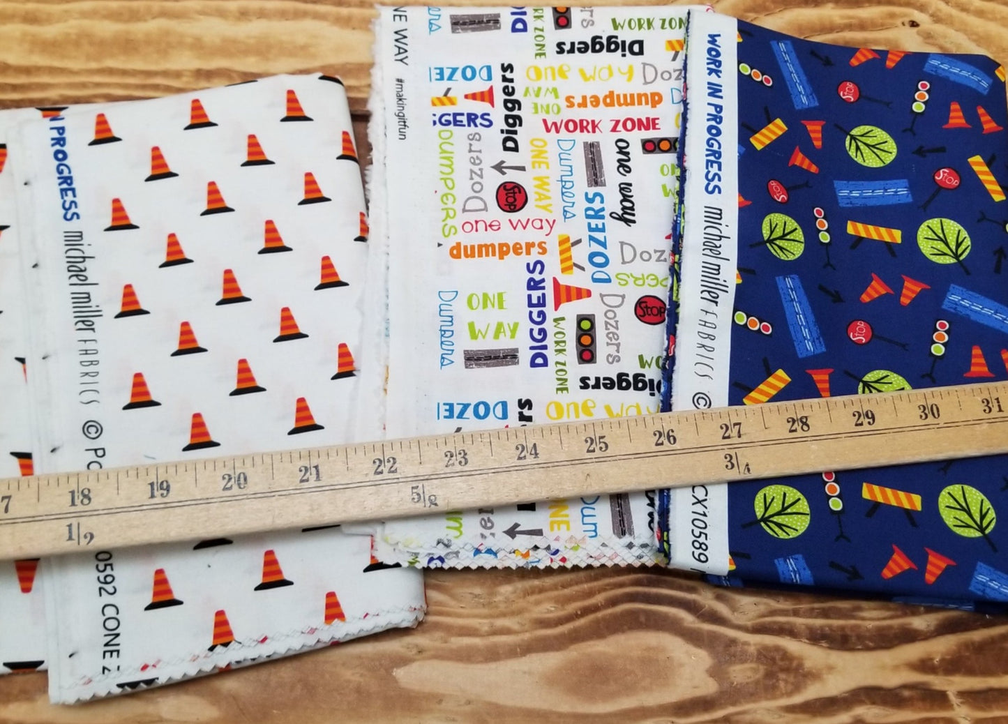End of Bolt 3 yard case pack: 3 pieces of Quilting Cottons Michael Miller " Work In Progress" ( 1 yard cuts)- As pictured
