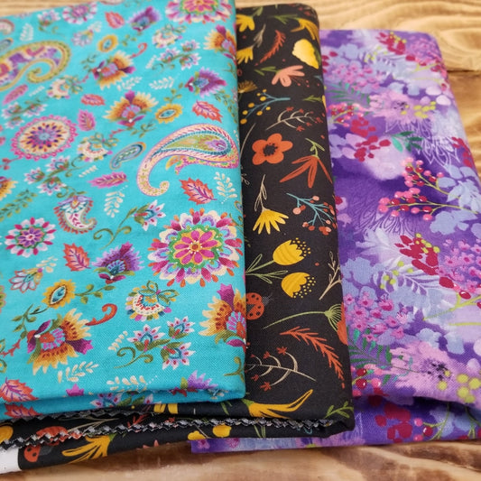 End of Bolt 3 yard case pack: 3 pieces of Quilting Cottons Florals ( 1 yard cuts)- As pictured