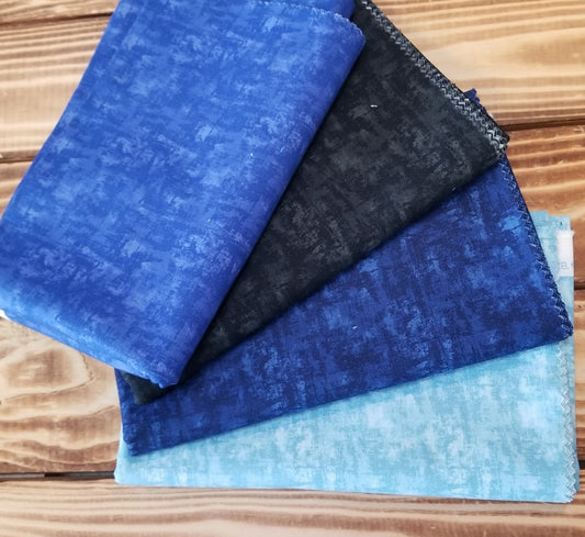 End of Bolt 4 yard case pack: 4 pieces of Quilting Cottons Blank Quilting "Intermix" Blues/Black( 1 yard cuts)- As pictured