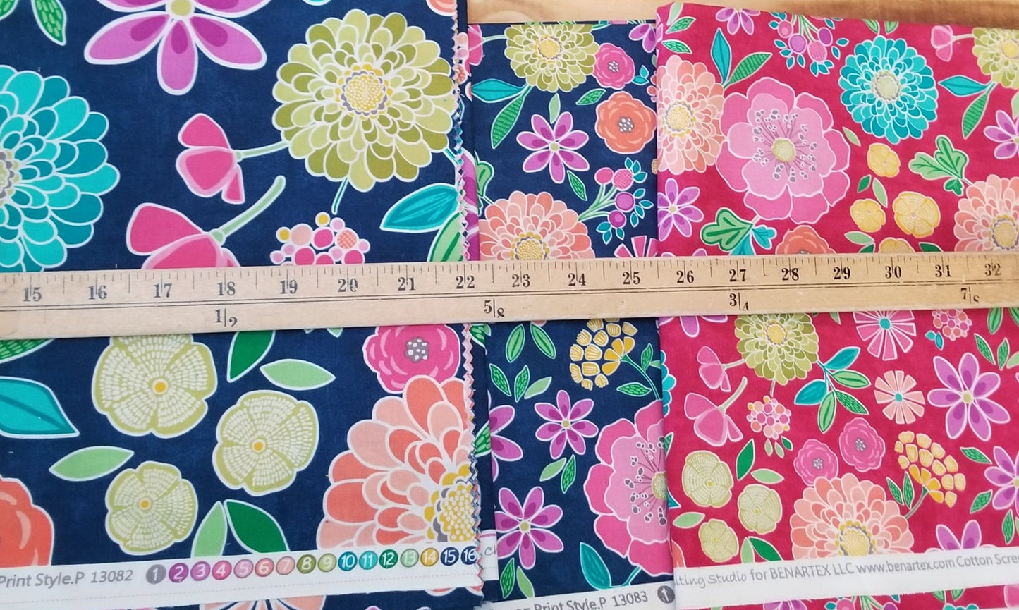 End of Bolt 3 yard case pack: 3 pieces of Quilting Cottons Floral Benartex (1 yard cuts)- As pictured