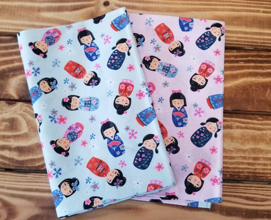 End of Bolt 2 yard case pack: 2 pieces of Quilting Cottons Michael Miller Kokeshi Dolls ( 1 yard cuts)- As pictured