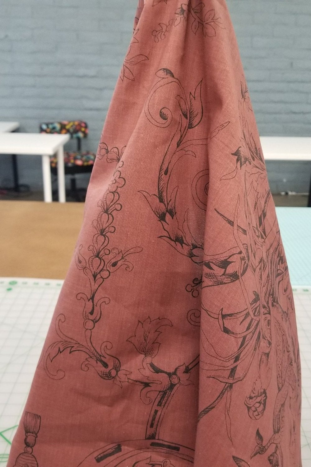 End of BOlt: 4 yards of Designer Deadstock European Apparel Cotton Linen Brown Rust Floral Bird Motif Woven-remnant