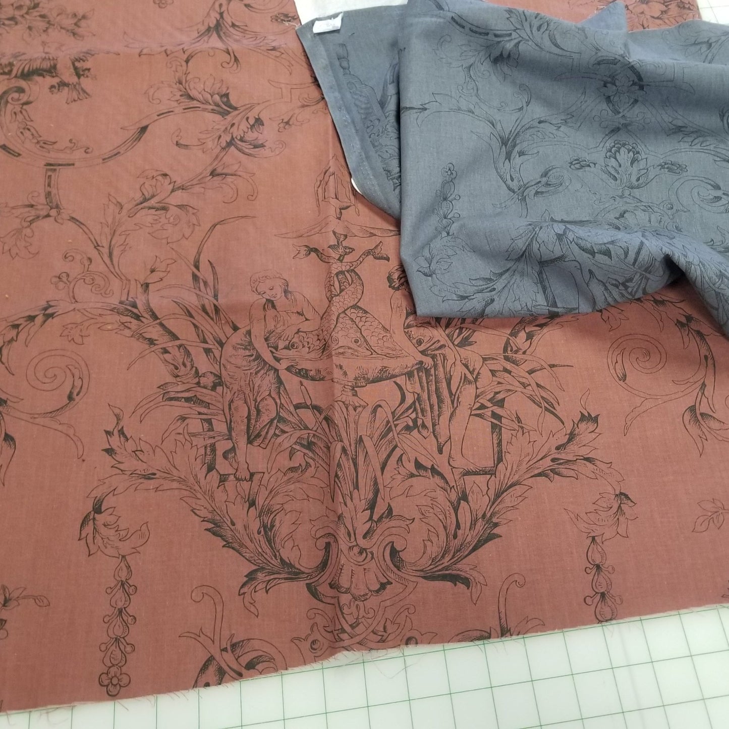 End of BOlt: 4 yards of Designer Deadstock European Apparel Cotton Linen Brown Rust Floral Bird Motif Woven-remnant