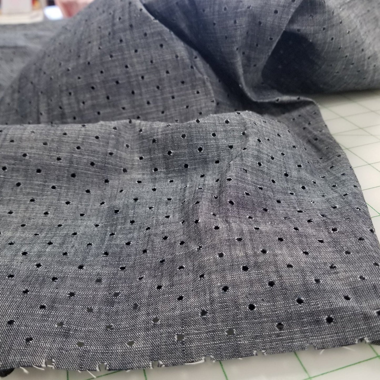 End of BOlt: 1-1/4th yards of Designer Deadstock Chambray Pin Hole Grunge Cotton Woven- remnant