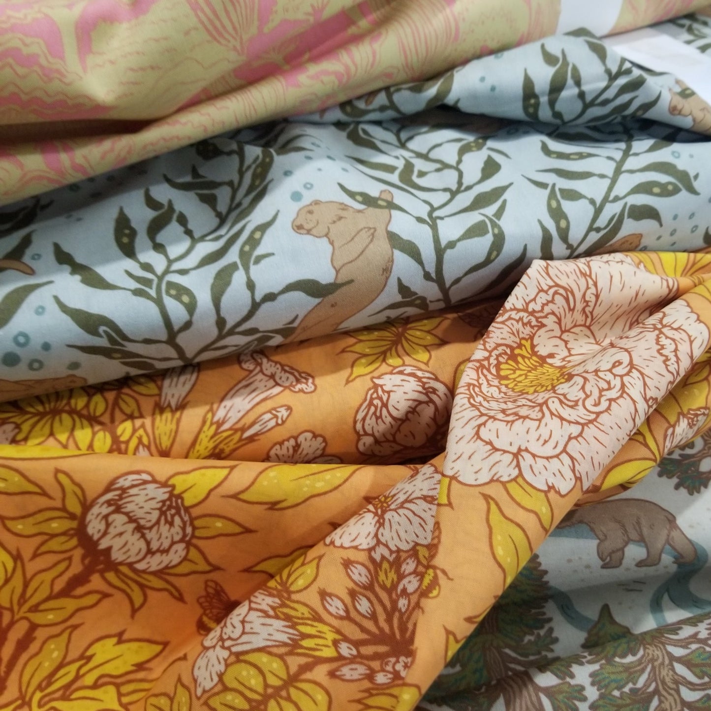 Organic Cotton Lawn Otters in Light Blue Woven| Wild Coast by Mustard Beetle for Birch Fabrics -by the half yard