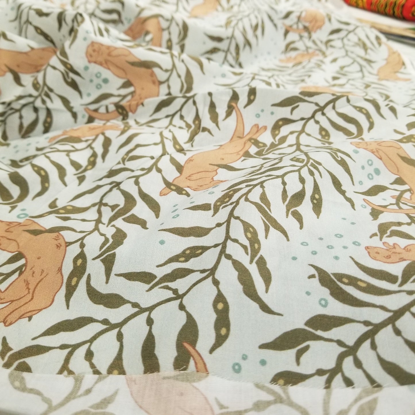 Organic Cotton Lawn Otters in Light Blue Woven| Wild Coast by Mustard Beetle for Birch Fabrics -by the half yard