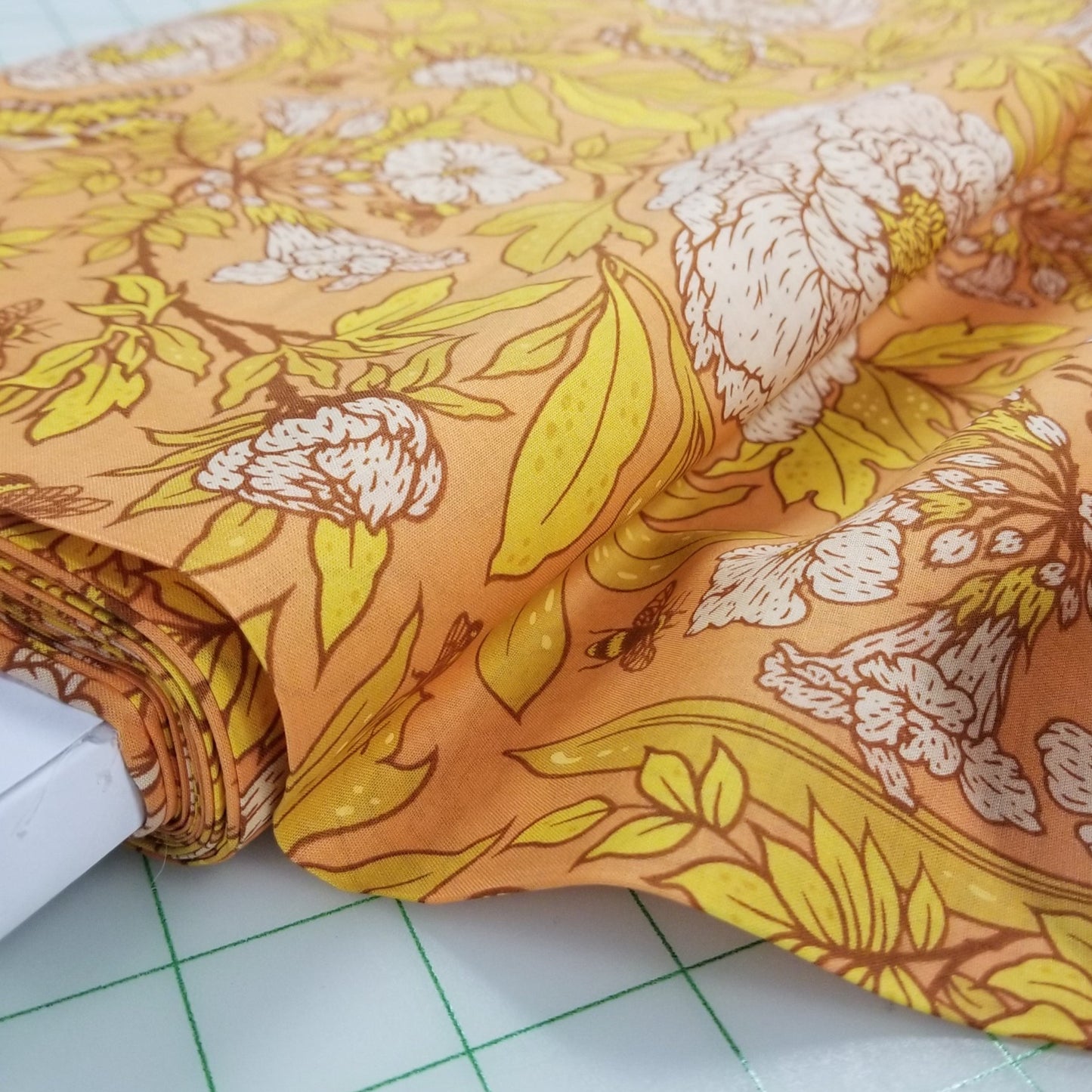 End of Bolt: 3-5/8th yards of Organic Cotton Lawn GOT Certified Large Peonies Peach Gold Lawn by Mustard Beetle for Birch Fabrics-Remnant