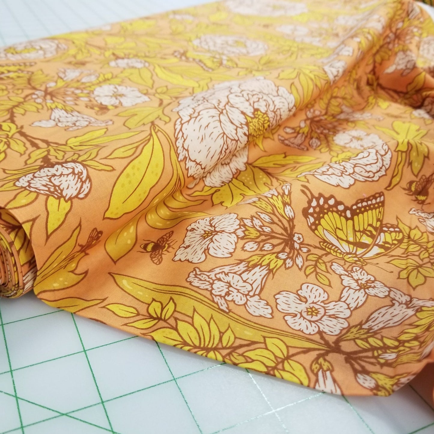 End of Bolt: 3-5/8th yards of Organic Cotton Lawn GOT Certified Large Peonies Peach Gold Lawn by Mustard Beetle for Birch Fabrics-Remnant