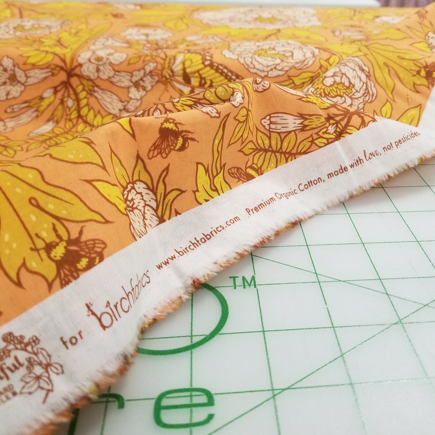End of Bolt: 3-5/8th yards of Organic Cotton Lawn GOT Certified Large Peonies Peach Gold Lawn by Mustard Beetle for Birch Fabrics-Remnant
