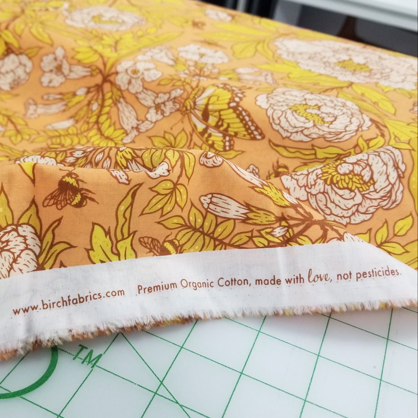 End of Bolt: 3-5/8th yards of Organic Cotton Lawn GOT Certified Large Peonies Peach Gold Lawn by Mustard Beetle for Birch Fabrics-Remnant