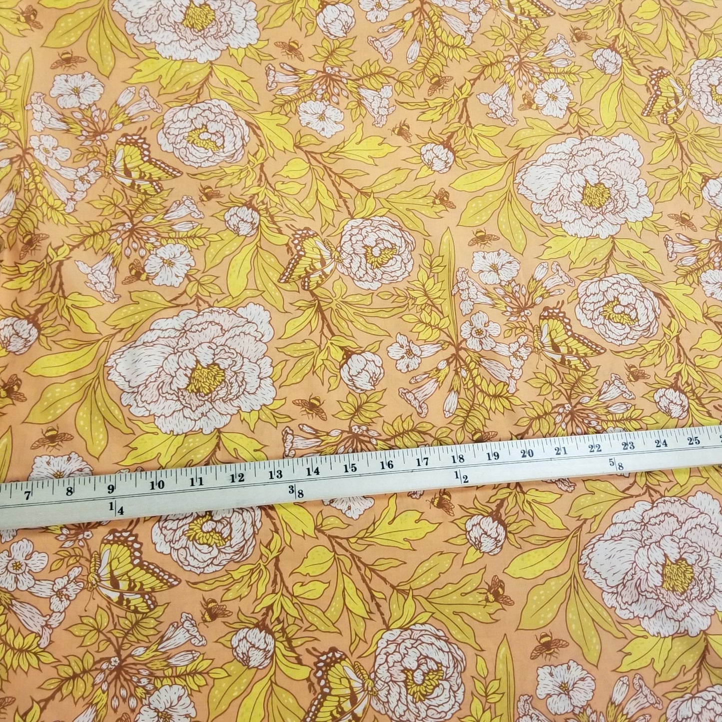 End of Bolt: 3-5/8th yards of Organic Cotton Lawn GOT Certified Large Peonies Peach Gold Lawn by Mustard Beetle for Birch Fabrics-Remnant