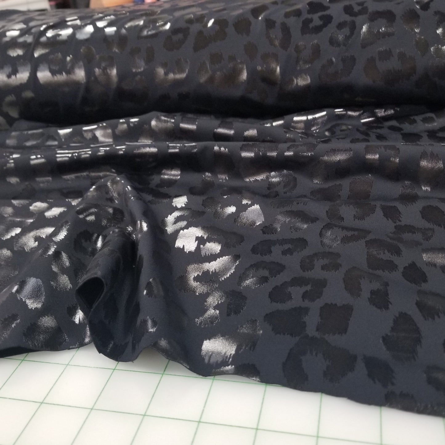 Premium Peach Performance Medium Weight Cheetah Foil Animal Skin Black Knit 260GSM- by the yard
