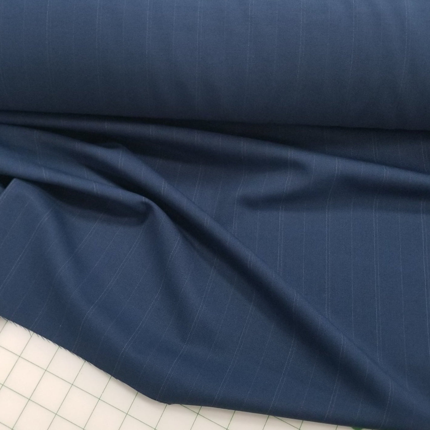 End of Bolt: 3-1/4th yards of Designer Deadstock Italian Wool Blend Suiting Indigo Blue Vertical Dotted Pinstripe Woven-remnant