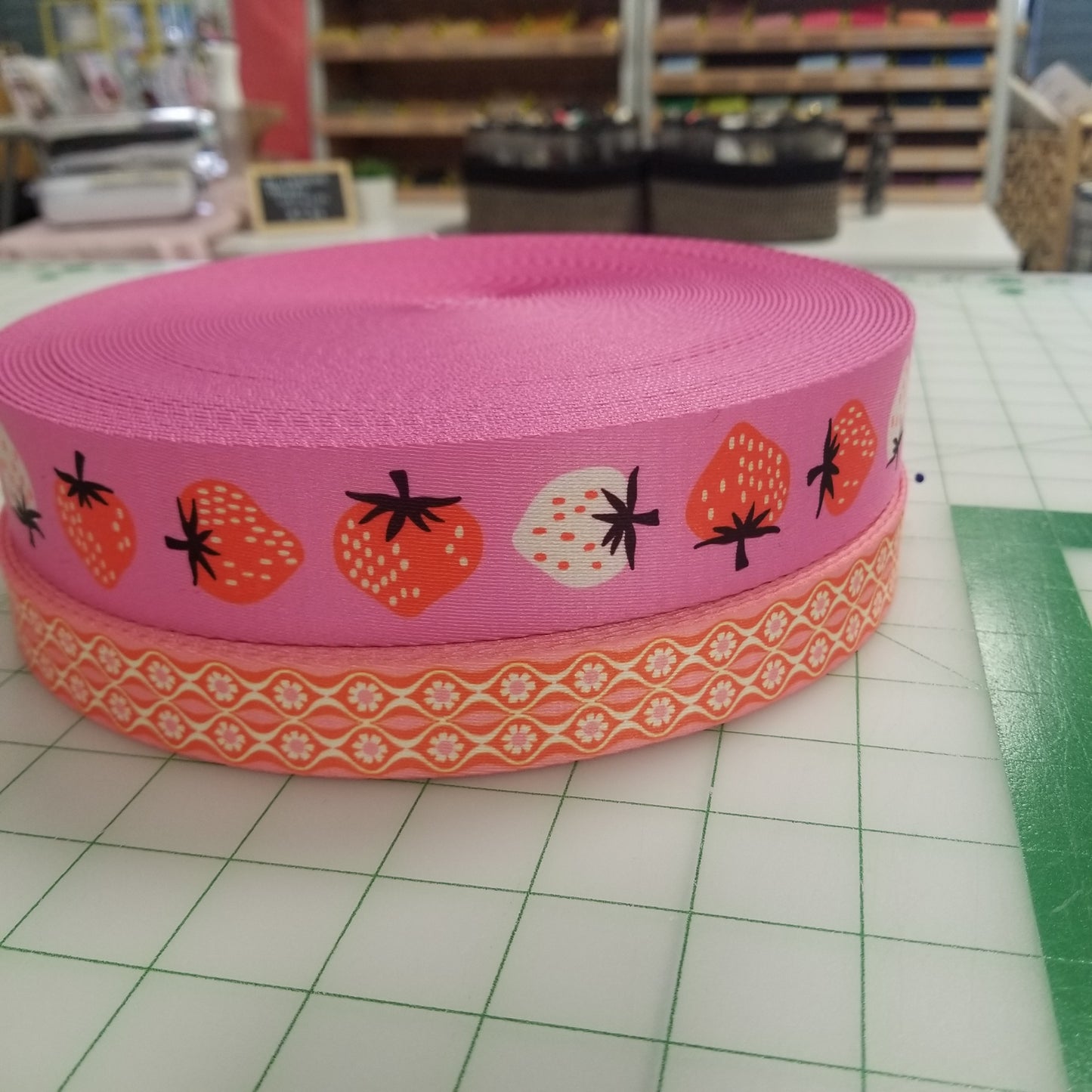 Webbing: Stitch Supply Co Strawberry Daisy 1.5 inch - by the yard