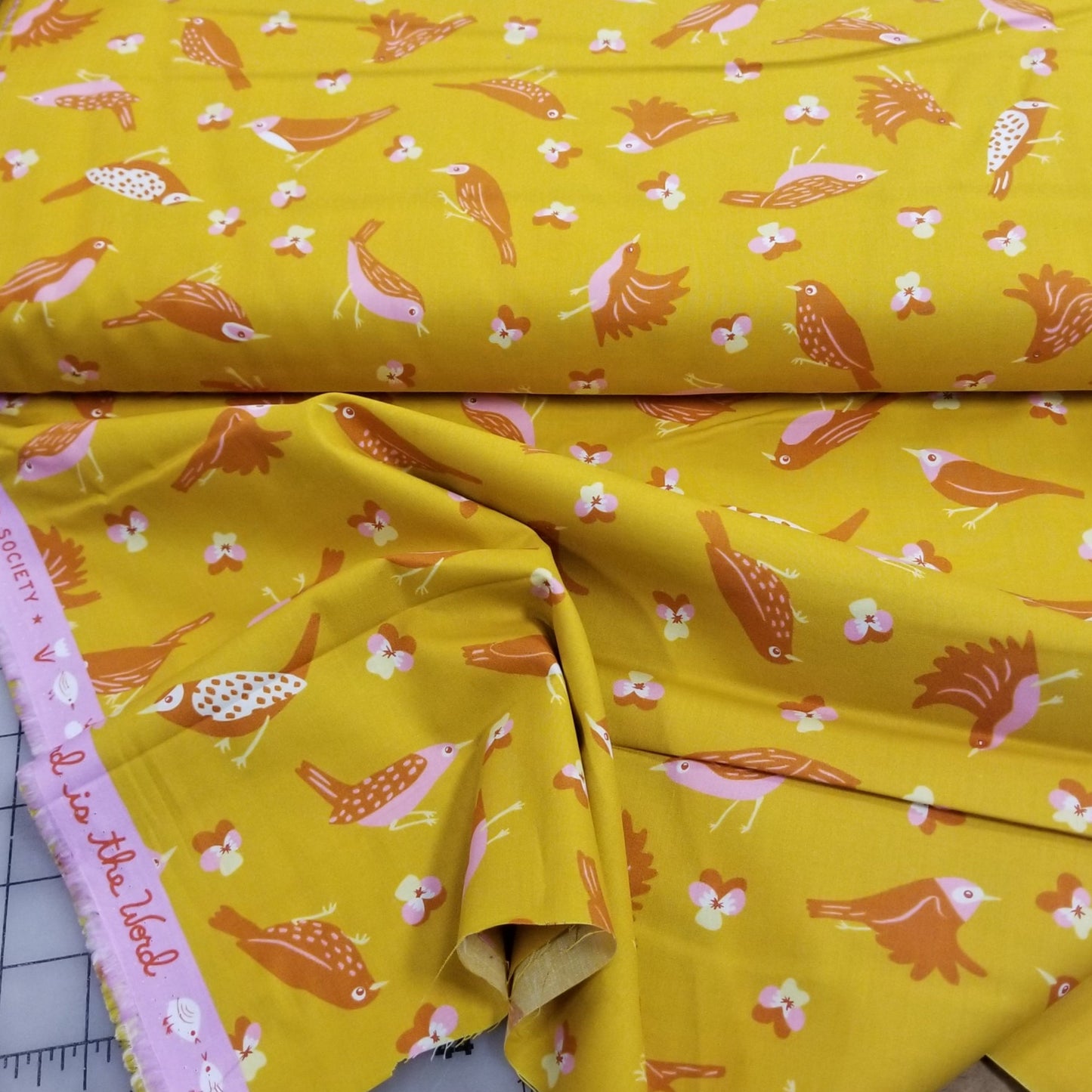 Moda Fabrics: Ruby Star Society Bird is the Word "Storytime" Birds Goldenrod Cotton Woven by Kimberly Kight-by the half yard