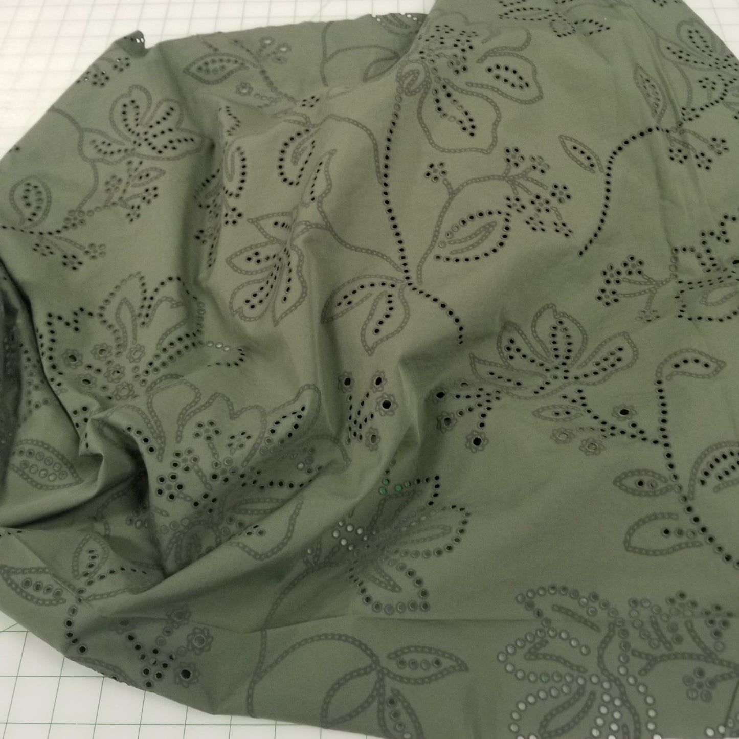 End of Bolt: 3-5/8th yards of Designer Europe Deadstock Olive Laser Cut Embroidered Anglaise Textured Sueded Outline Woven Solid-remnant