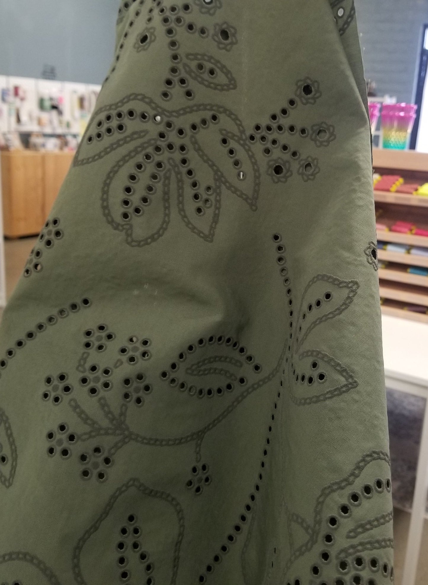 End of Bolt: 3-5/8th yards of Designer Europe Deadstock Olive Laser Cut Embroidered Anglaise Textured Sueded Outline Woven Solid-remnant