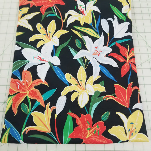 End of bolt: 2.5 yards of Designer Europe Deadstock Cotton Spandex Resortwear Floral Lilies Poplin Woven- remnant