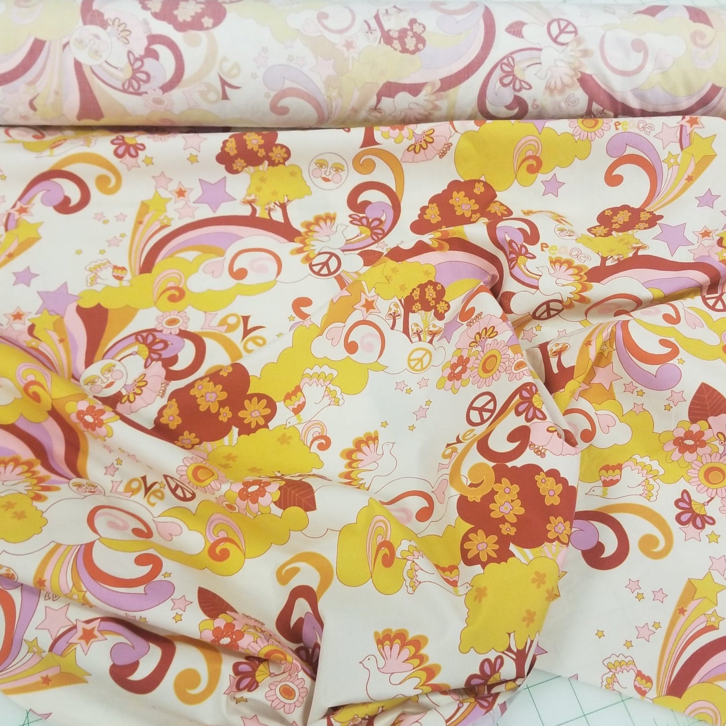 End of Bolt: 3.5 yards of Designer Deadstock Organic Cotton Poplin Cream Hue Retro Peace & Love Day Tripper Woven- remnant