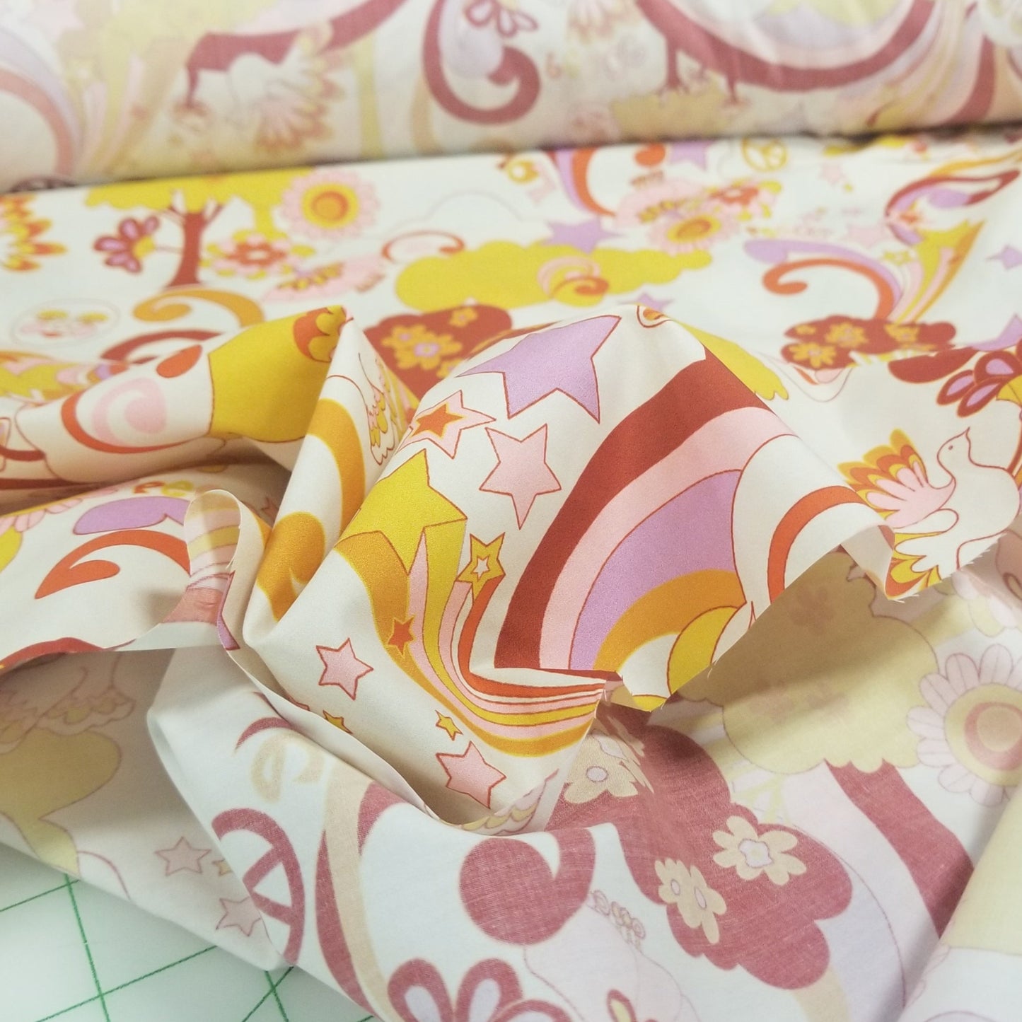 End of Bolt: 3.5 yards of Designer Deadstock Organic Cotton Poplin Cream Hue Retro Peace & Love Day Tripper Woven- remnant