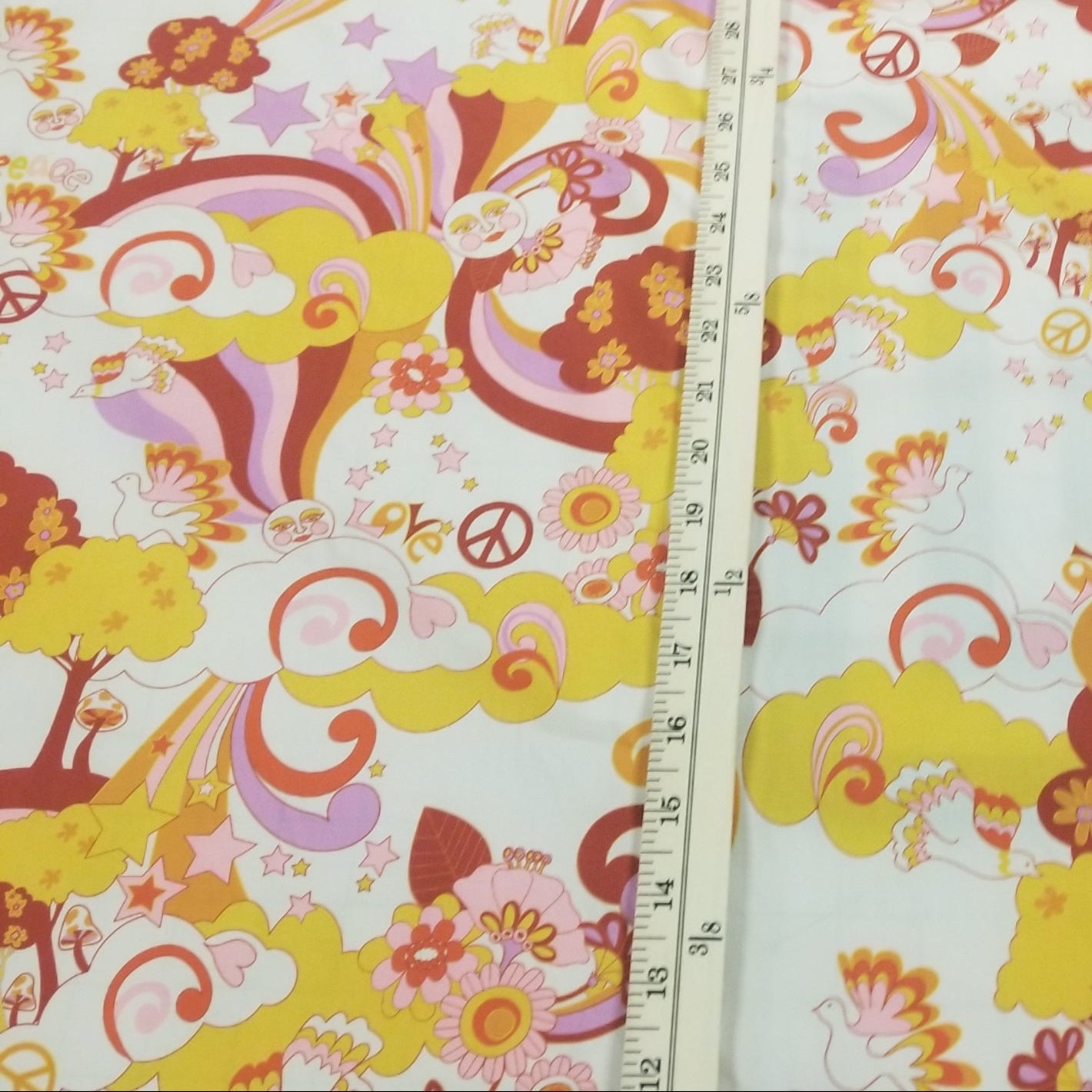 End of Bolt: 3.5 yards of Designer Deadstock Organic Cotton Poplin Cream Hue Retro Peace & Love Day Tripper Woven- remnant