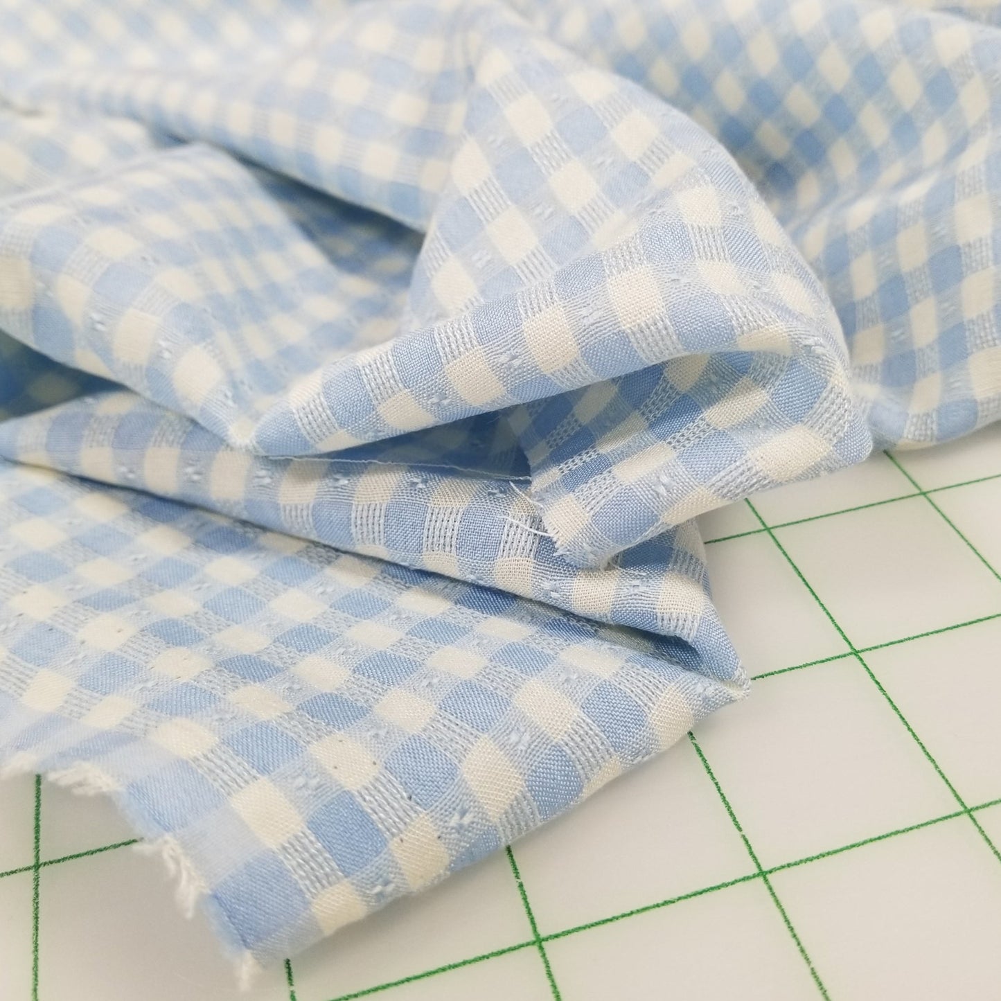 End of Bolt: 3-1/4th yards of Designer Deadstock 100% Rayon Gingham Blue and Off- White Textured Dot Woven-remnant