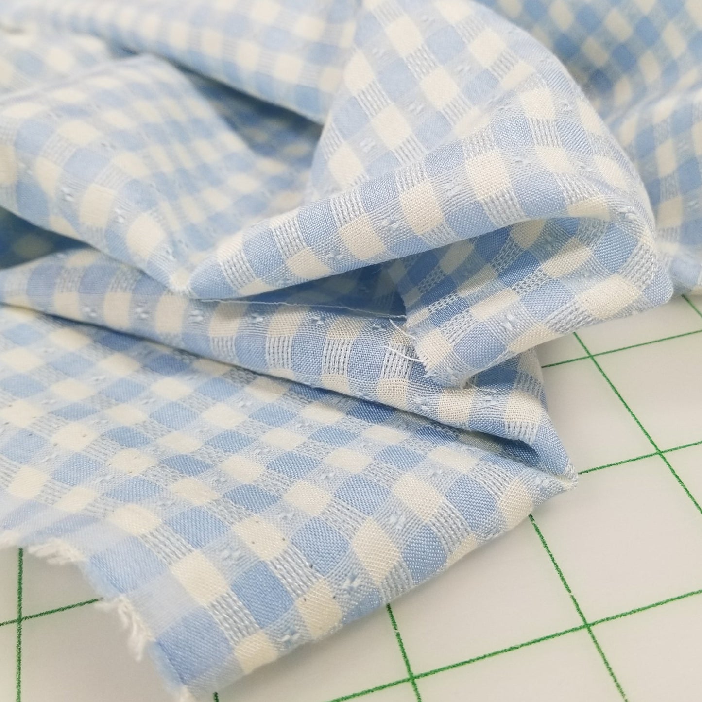 End of Bolt: 3-1/4th yards of Designer Deadstock 100% Rayon Gingham Blue and Off- White Textured Dot Woven-remnant
