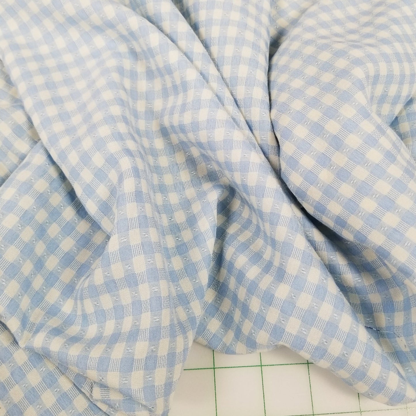 End of Bolt: 3-1/4th yards of Designer Deadstock 100% Rayon Gingham Blue and Off- White Textured Dot Woven-remnant